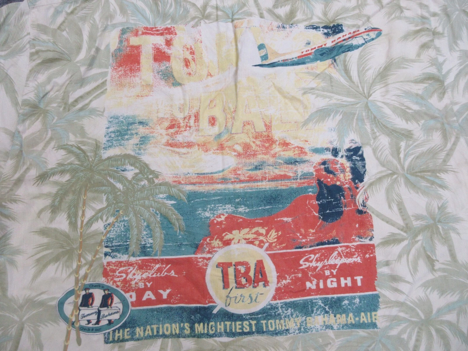 Tommy Bahama Shirt Mens Large Ivory Silk Air Travel Agency Hawaiian Button Up