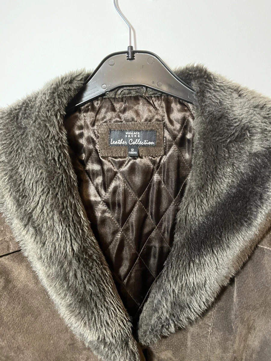 WALLACE SACKS LEATHER COLLECTION BROWN JACKET COAT FUR COLLAR SIZE