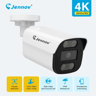 JENNOV 8MP 4K POE Security Camera Outdoor Bullet IP Cam with 2-Way Audio & Night Vision