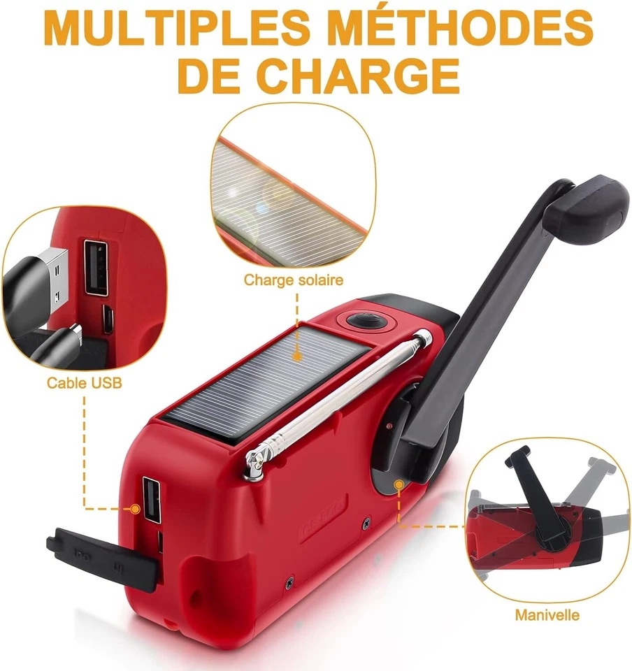 Radio portable à manivelle solaire de secours + lampe de poche à LED + lampe de - Bild 3 von 4