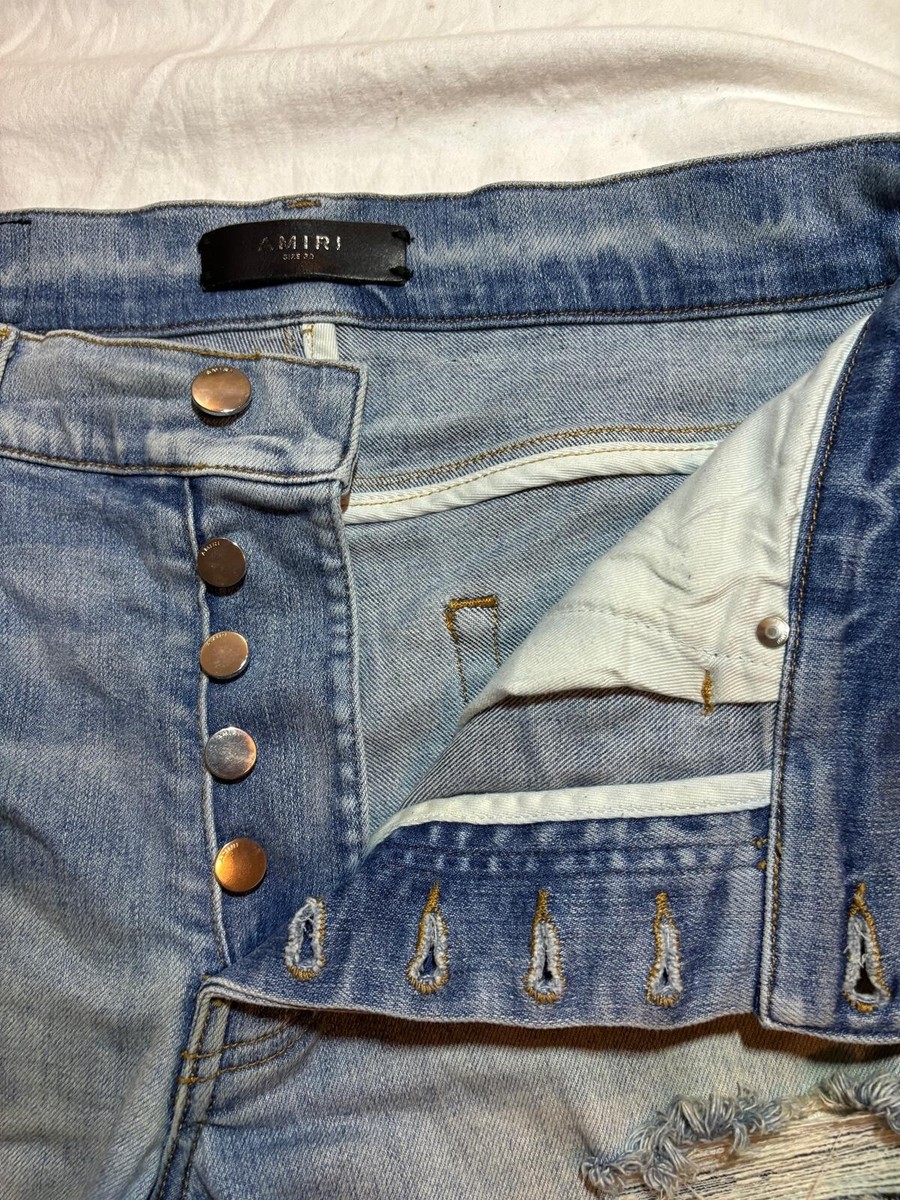 アミリ ミリタリーデニム　Amiri Jeans Military Patch Amiri Denim Light Blue Clay Indigo Military Patch Print Jeans Size