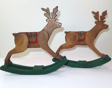 Vintage Set of 2 Wood Reindeer Wooden Rocking Horses Christmas Ornaments Decor