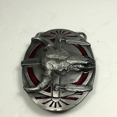 VTG 1986 Longhorn Skull Western Belt Buckle Made USA Cowboy Rodeo VTG 1986 Cow Skull Feathers Siskiyou Belt Buckle Hand  main image 4