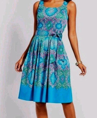 Talbots Paisley Fit & Flare Dress Blue Pink Floral Sleeveless 16P Belted Cotton