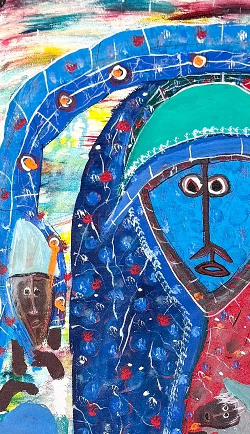 Pintura artística haitiana Maxan Jean Louis "rostros/espíritus" acrílico sobre lienzo - firmada Foto 2 de 4