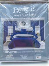 Priscilla King Quilt Set 10-Pc Blue/White/Gray Geometric Quilted Cotton 90x102