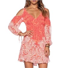 Free People Paisley Bohemian Mini Dress Size M Orange Cold Shoulder Penny Lover