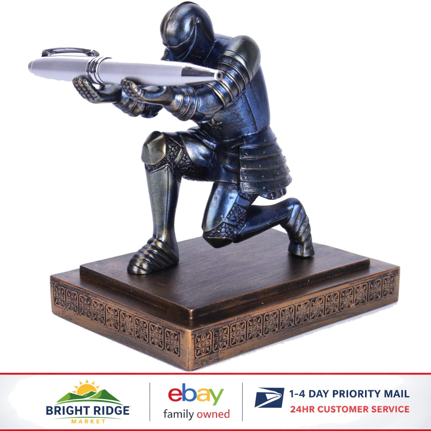 Executive Knight Pen Holder in Blue Resin for Desk Organizat