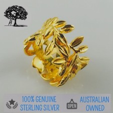 Genuine Sterling Silver 18ct Gold Plated Leaf Ring Floral Design Size 7 - Boho