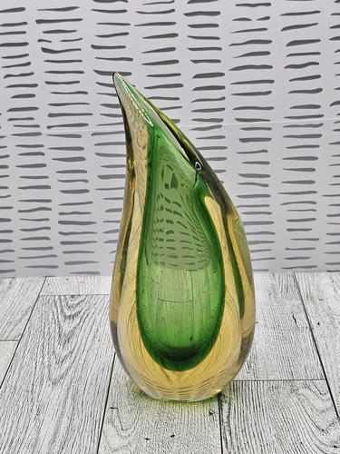 Vintage Luigi Onesto Glass Vase Murano Italy Tear Drop Signed Green & Yellow