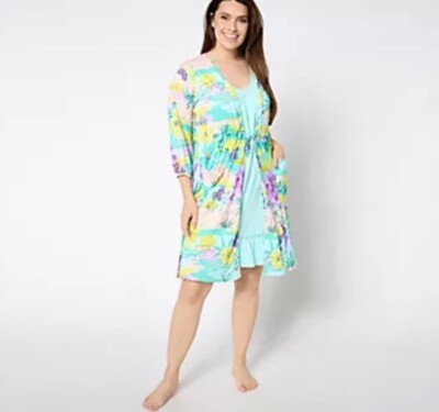 Cuddl Duds Cool & Airy Making Waves Tank Dress & Wrap Set Aqua Size 1X