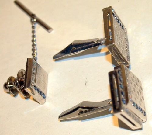 TIFFANY & CO 3 PC PLATINUM ,SAPPHIRE & DIAMOND CUFFLINKS 27.50G TIE TAC /BOX - Picture 9 of 12