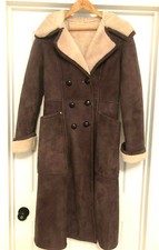 Vtg French Creek Sheep & Wool S 4/6 Double Breasted Long Shearling Coat W/ Hood