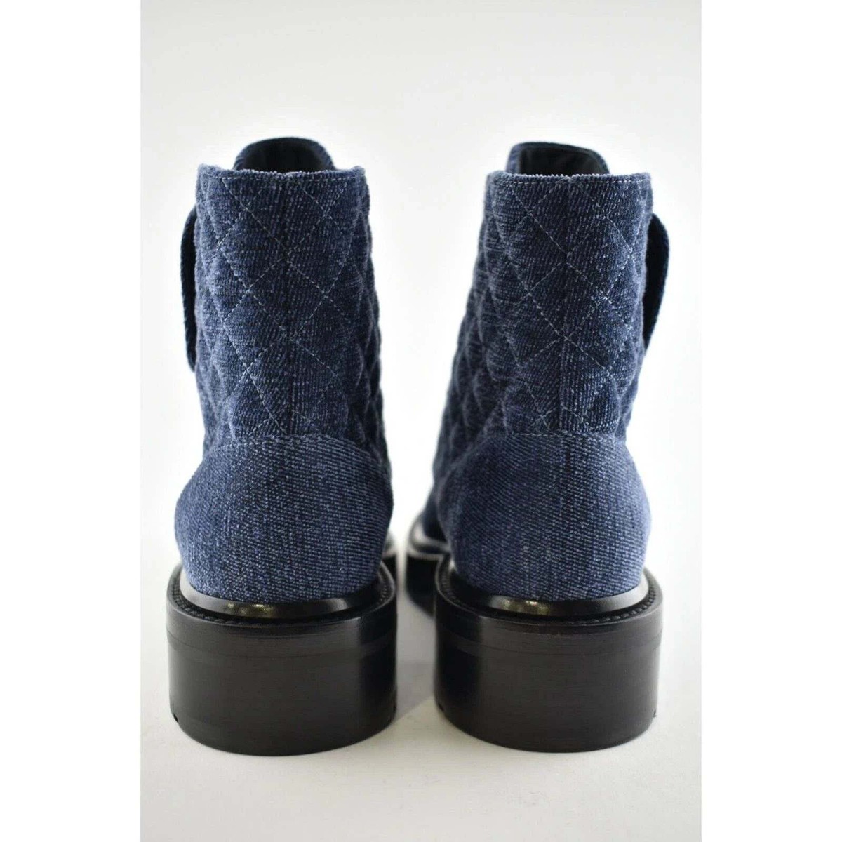 Chanel 21A Blue Black Quilted CC Chain Combat Lace Up Tie Ankle 