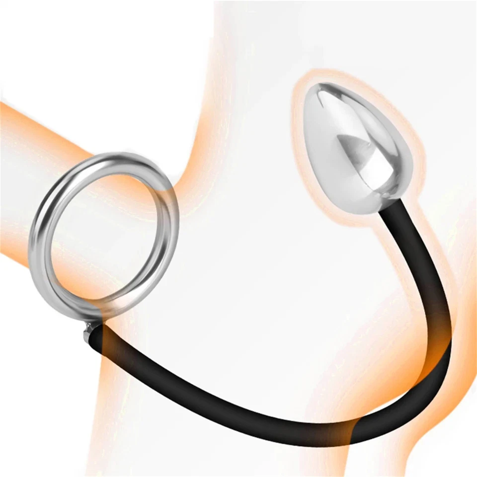 Anel peniano de metal com plugue anal de aço, massageador de próstata masculino anel peniano - Imagem 2 de 4