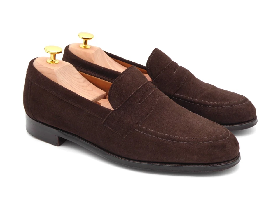 UK 7 F - Joseph Cheaney Hadley Dark Brown Suede Penny Loafers Shoes Scarpe - Imagen 3 de 4