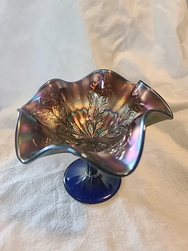 Vintage Fenton Cobalt Blue Iridescent Rib & Holly Carnival Glass Compote