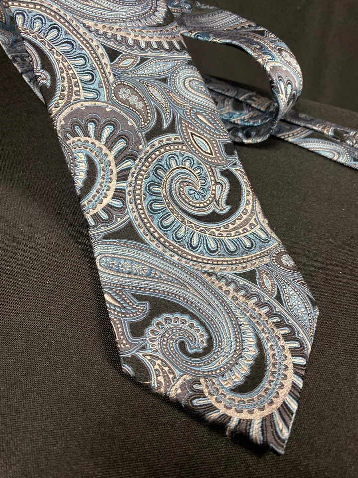 Corbata GEOFFREY BEENE Hecha a Mano 100% Seda Para Hombre 60” Largo Gris Azul Blanco Paisley Foto 2 de 4