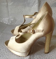 Look Ivory Satin With Gold Glitter Heel Wedding Bridal Party Prom Shoes Look Ivory Satin With Gold Glitter Heel Wedding Bridal Party Prom Shoes