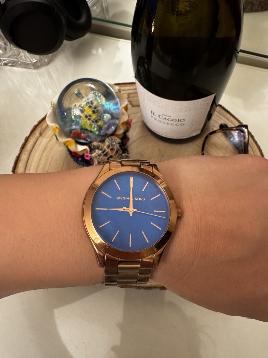 Michael Kors Ladies Slim Runway Rose Gold Dark Blue Watch MK3494