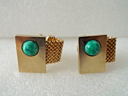 ***60s gold tone CUFFLINKS Turquoise stone + Tie Tack!! - Picture 3 of 5