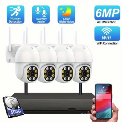 6MP Wireless CCTV System WIFI PTZ 2-Way Audio Security Camera 4CH NVR + 500GB