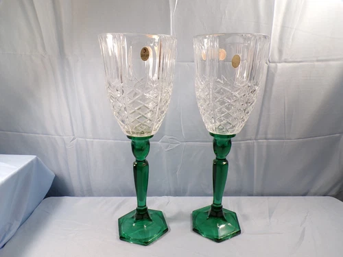 Set of 2 Fenton Green Glass Large Candlesticks w/ Clear Toppers 15" Tall