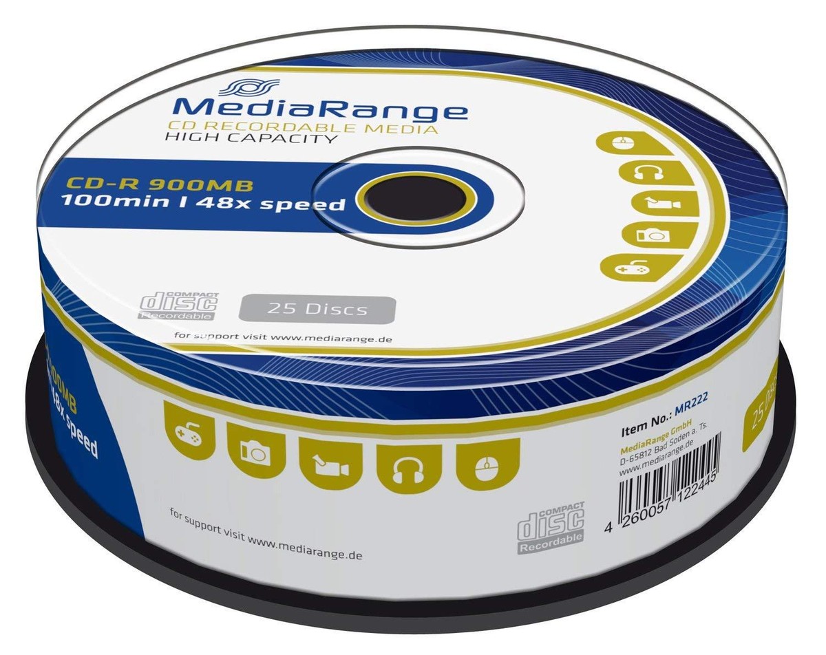 25 MediaRange Branded Blank CD R discs 48x 100 min 900MB 100