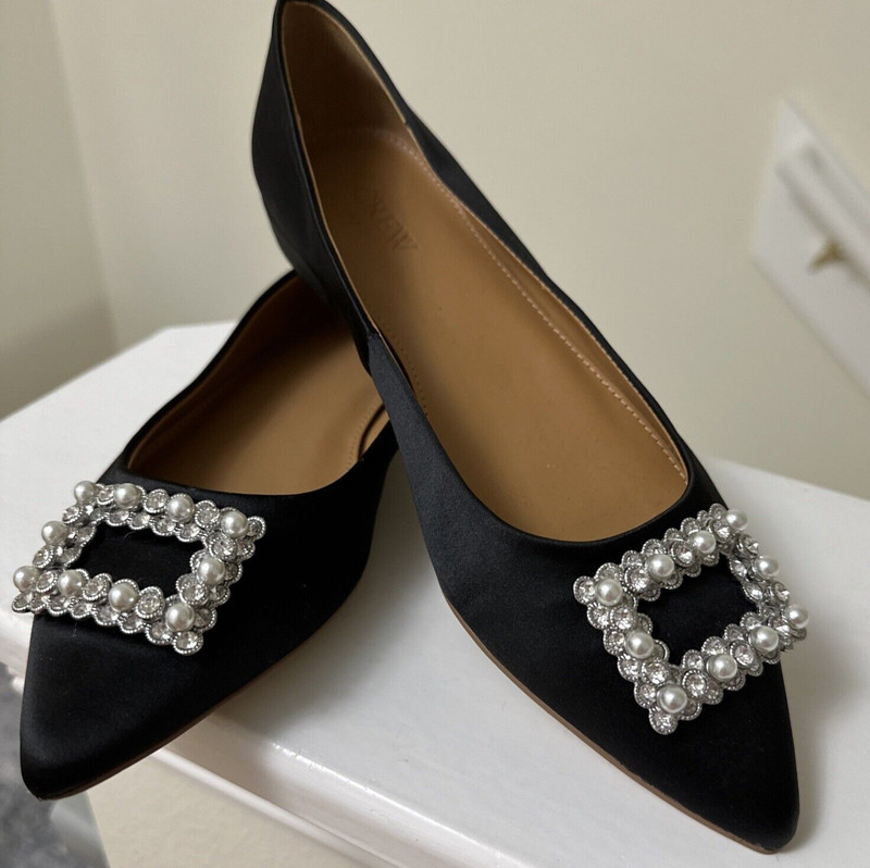 J Crew Black Satin Flats with Pearl/Rhinestone Accents - NWOBs - Sz 7