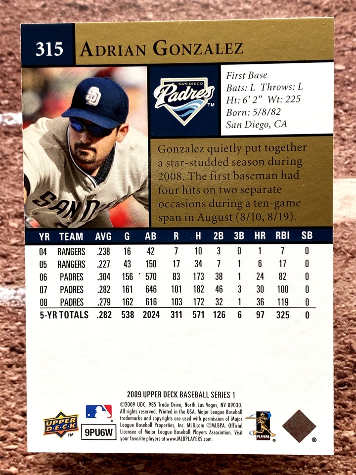 2009 Upper Deck Adrian Gonzalez #315 San Diego Padres - Image 2 of 2