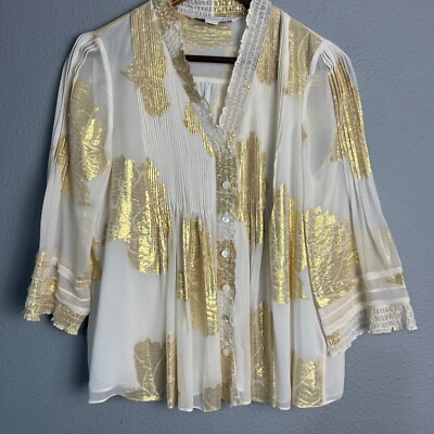 Diane von Furstenberg DVF Layla Silk Pleated Blouse Gold Leaf Brocade Top  Size 4 | eBay