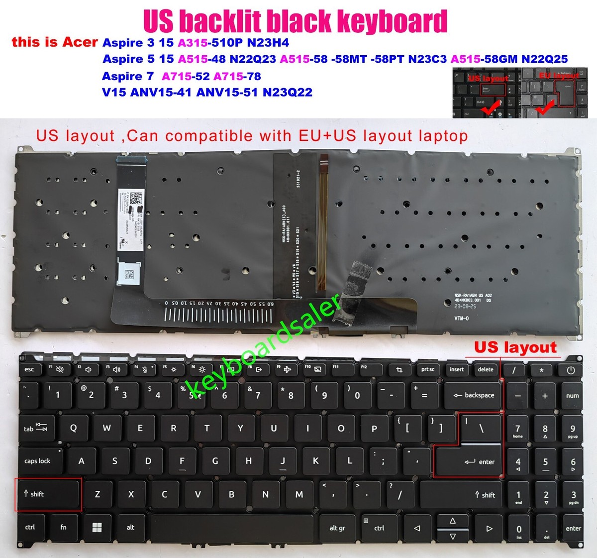 US backlit Keyboard For Acer N22Q25 N23C3 A515-58-48 A715-78 ANV15