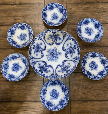 #ad 7 PIECE DESSERT SET LIBERTUS PRUSSIA PAT FLOW BLUE 1800’s LG BOWL 10” SM 5.25” $150.00