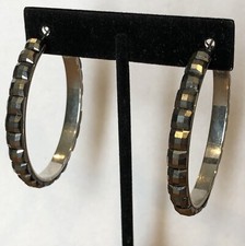 Large Hoop Earrings Faux Hematite Faceted Silvertone Pierced 1.75" Vintage