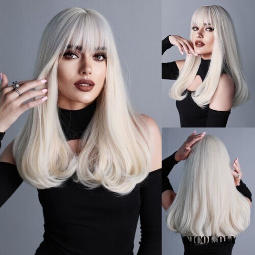 Long Platinum Blonde Wavy Synthetic Hair Wigs With Bangs Women