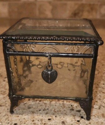 Vintage J Devlin Art/Colored Glass Trinket Box Keepsake Textured Light Amber Hue