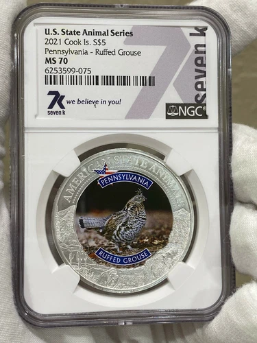 2021 Cook Islands Pennsylvania- Ruffed Grouse 1oz Silver NGC MS70 7k Label LOC4*