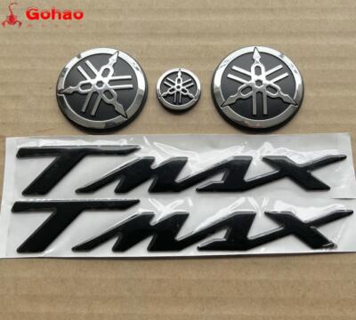 KIT 2 RESIN TMAX STICKERS WRITTEN + 3 FORKS BADGE BLACK 3D LOGO FOR  TMAX