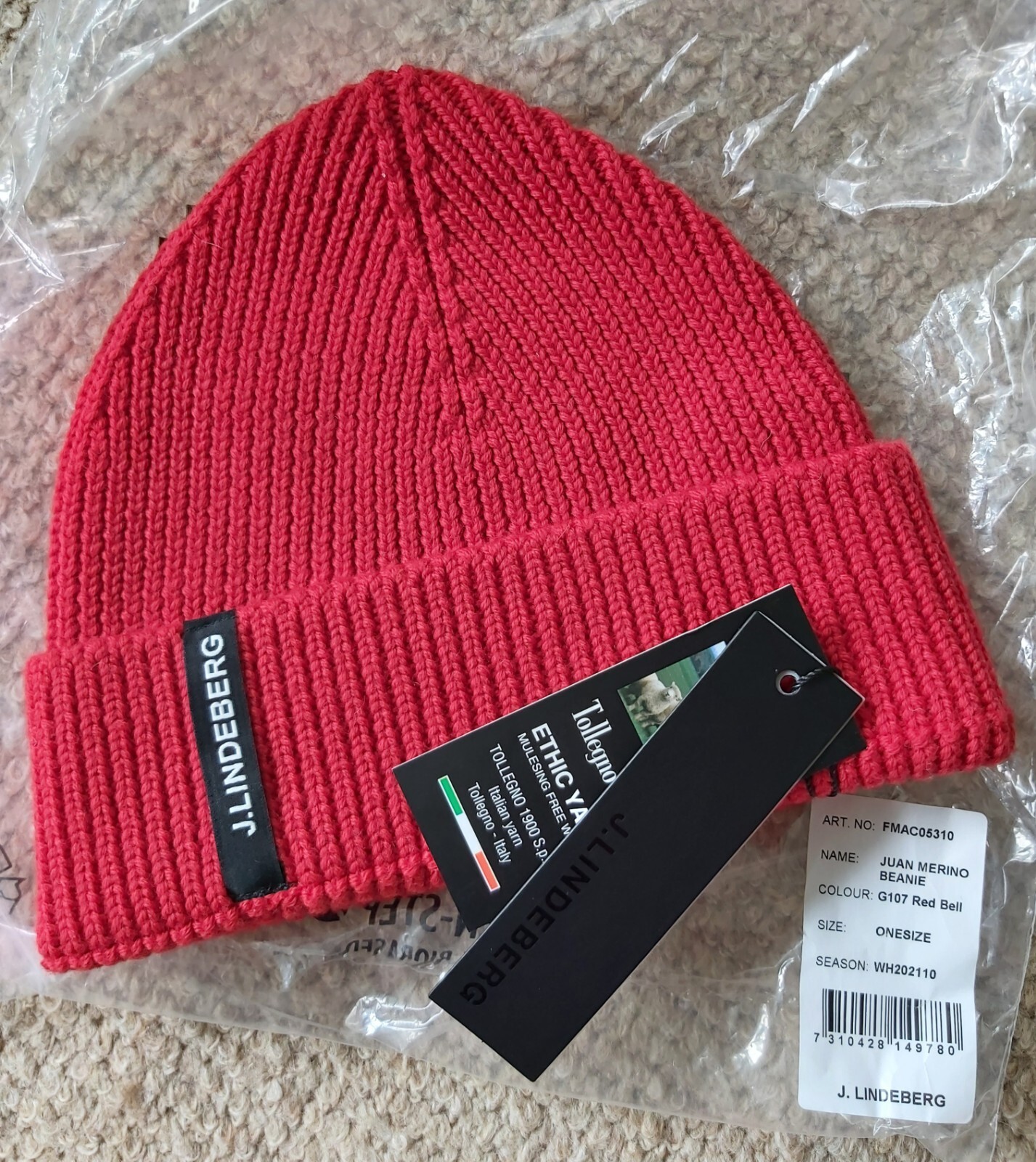 J.LINDEBERG of Sweden Red Bell 100% Merino Wool BEANIE Hat Toque Unisex