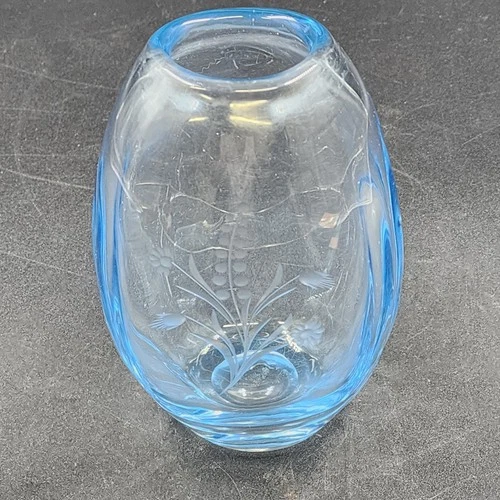 Hand Blown Blue Tint Glass Vase Etched Floral Scandinavian Swedish Oval 6.75″ - Picture 2 of 12