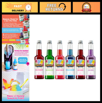 Sour Shaved Ice Syrup 6-Pack - Cherry, Grape, Blue Raspberry, Green Apple, Water