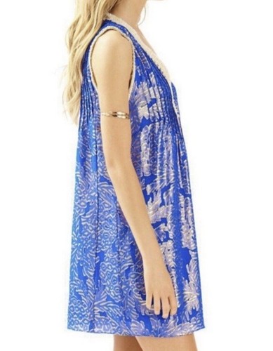 Lilly Pulitzer size L Tanner Metallic Gold Royal Blue Shift Dress Tropical Trip - Picture 8 of 16
