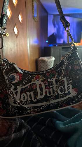 Von Dutch Logo Print Crescent Shoulder Bag Small Zip Chain Strap Black Multi