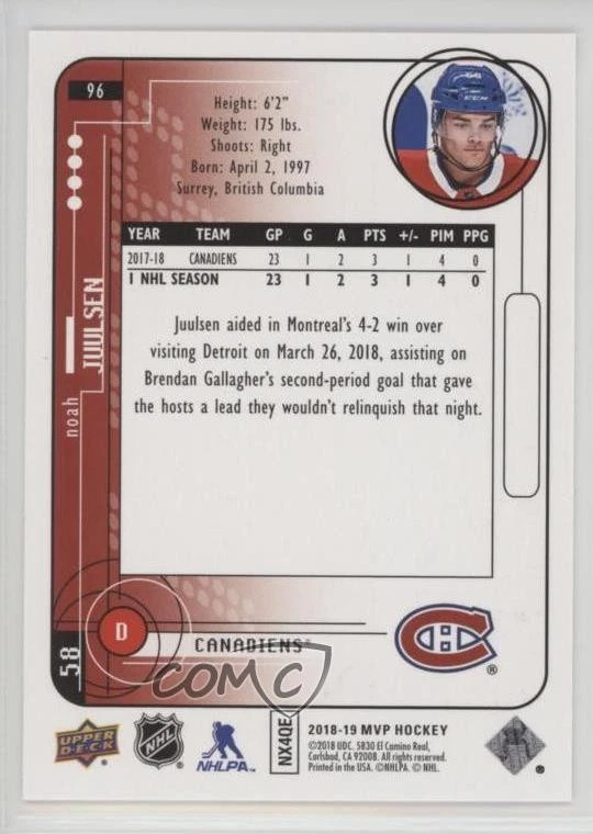 2018-19 Upper Deck MVP Super Script /25 Noah Juulsen #96 Rookie RC - Image 2 of 2