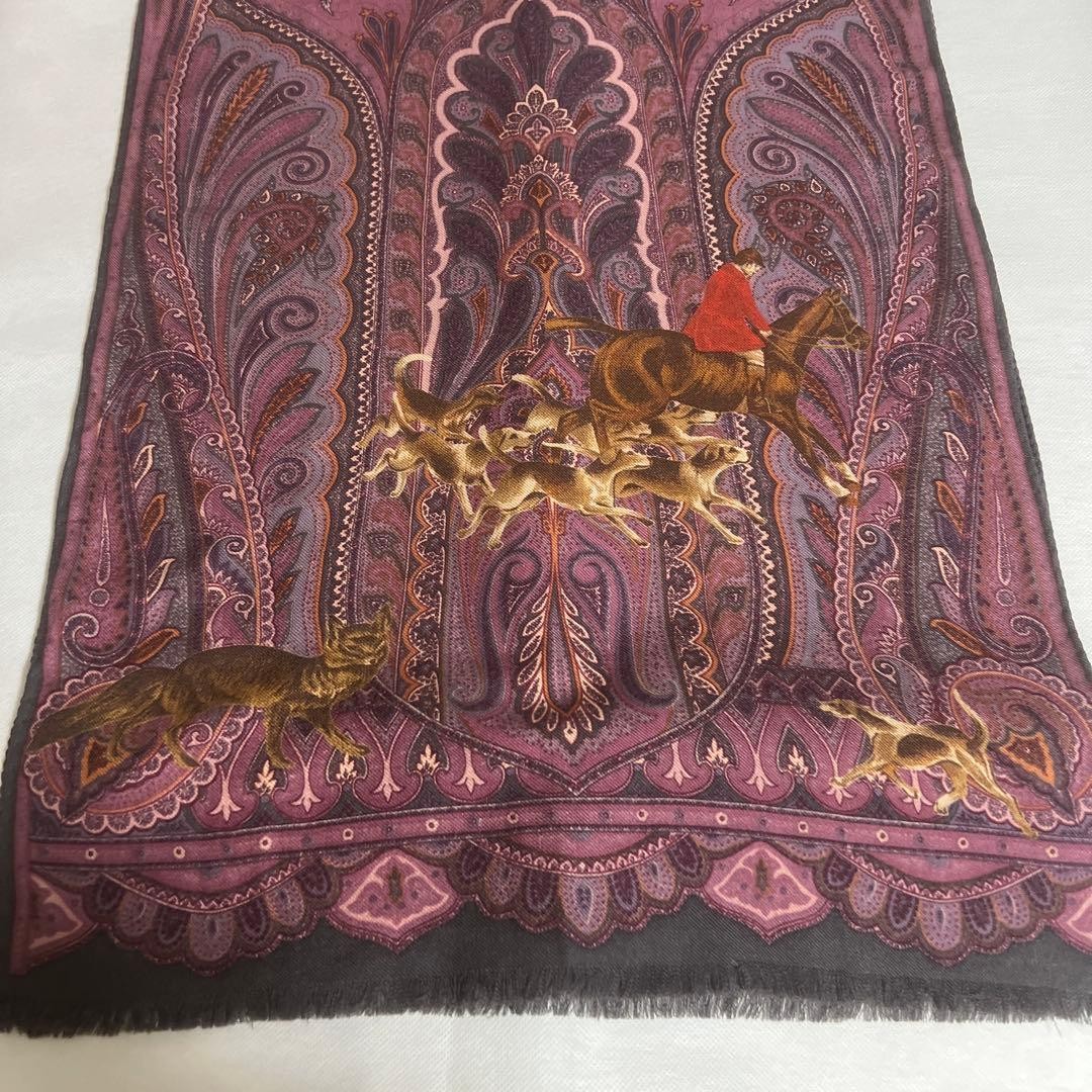 Etro Vhtf Scarf Paisley Hunting Pattern Wool Silk Purple Women Rare Luxury Desig