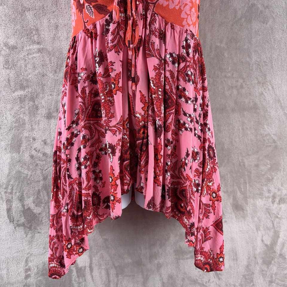 Free People Floral Handkerchief Hem Dress Womens Size Medium Pink Red Boho Style - Image 4 of 4