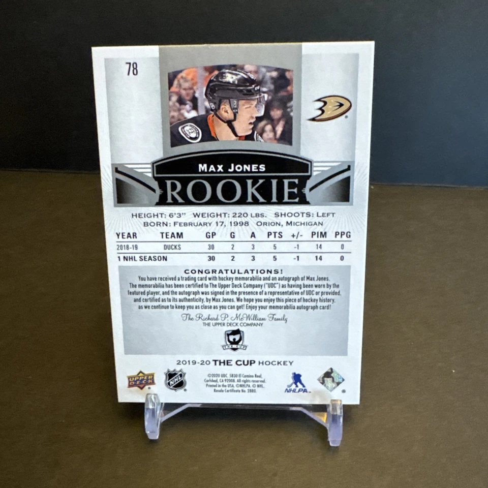 2019-20 Upper Deck THE CUP ROOKIE Autograph Jersey #78 Max Jones EX/NM - Image 3 of 3