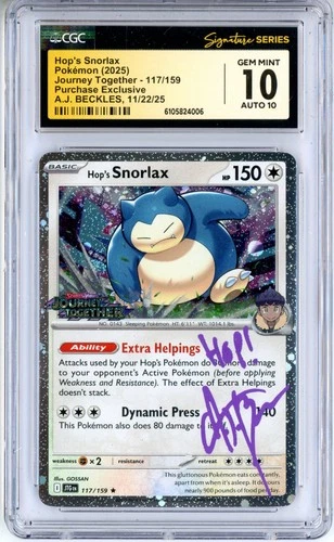 CGC GEM MINT 10 Auto 10 Signed AJ Beckles Hop's Snorlax (Cosmos Holo) 117/159