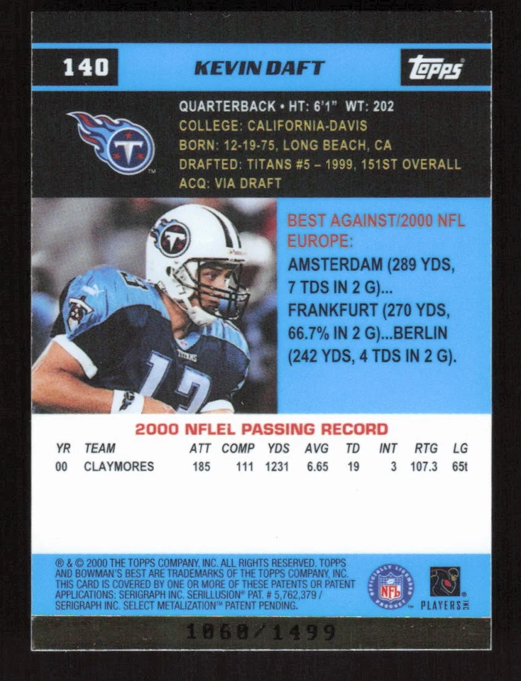 Kevin Daft 2000 Bowman's Best #140 Tennessee Titans /1499 - Image 2 of 2