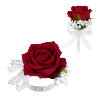 2 PCS Red Artificial Rose Corsage Wristlet Band Men Boutonniere Set Prom